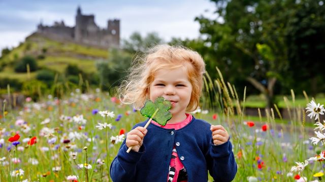 Cute toddler girl with Irish cloverleaf lollipop in a field of wild flowers